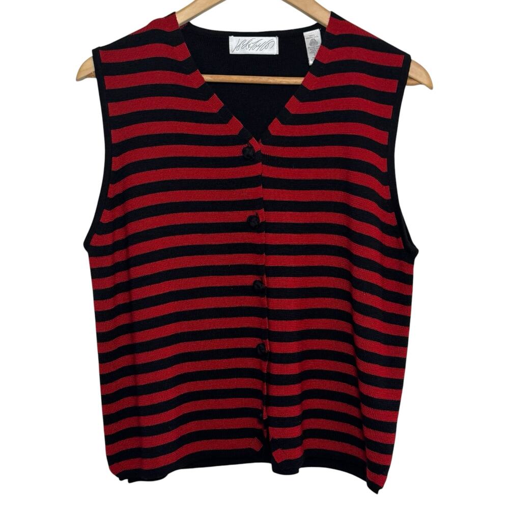 Vtg Lord & Taylor 100% Merino Wool Red Black Striped Button Up Sweater Vest